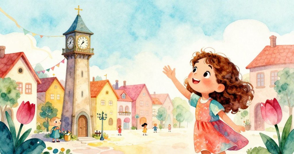 鐘聲響起正午，Nora滿懷欣喜地注視裝飾一新的鐘樓，廣場上彩帶飛舞，小鬱金香在風中輕輕擺動，展現全新希望。