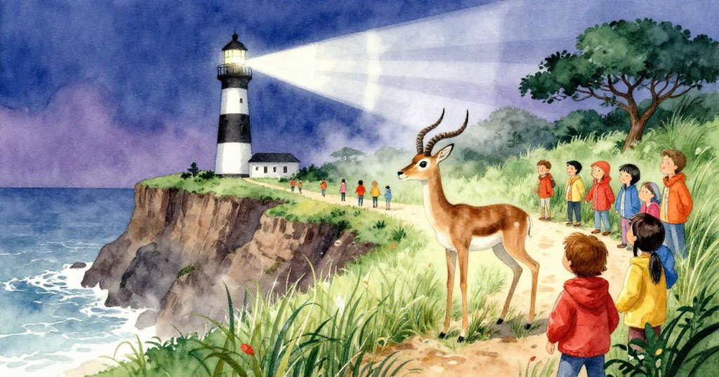 Antelope 穿過高草與身穿亮色外套的遊客群並行於蜿蜒小徑，背景有幽靜燈塔與海霧，展現好奇探索情感。