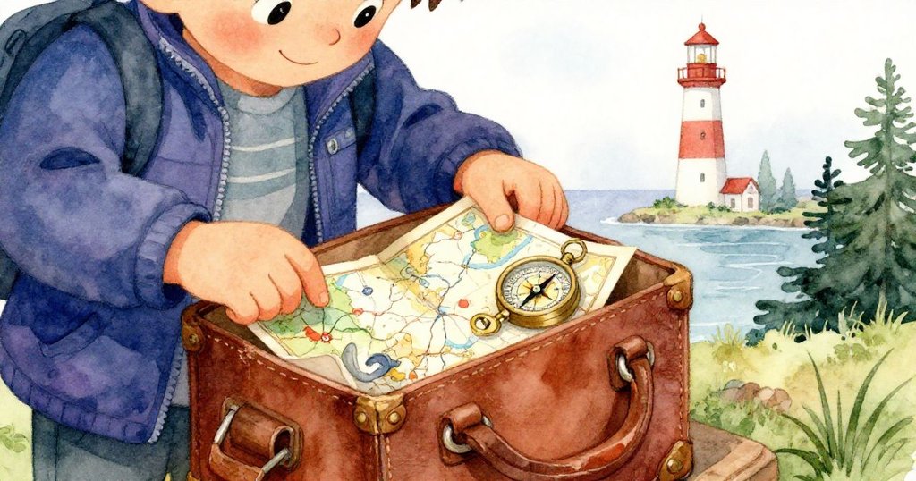 Tour Guide 輕打開古樸探險包，露出精美地圖與指南針，室內角落隱約顯現燈塔與海岸，流露期待神情。