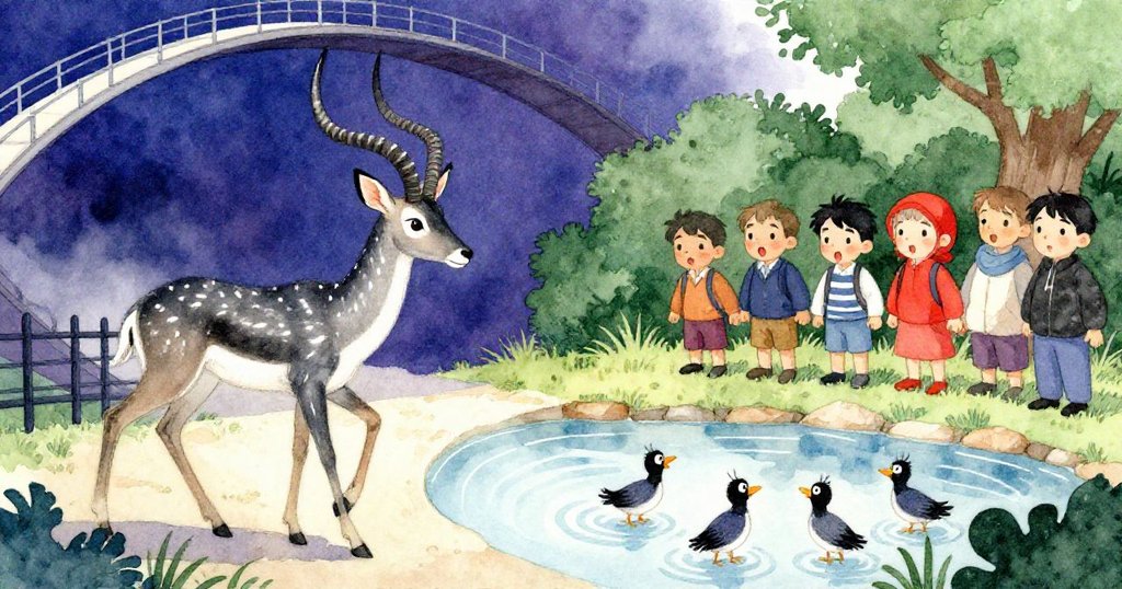 Antelope 輕步於狹窄路徑下穿越彎曲柵欄，另一邊遊客驚訝側目觀望水面漣漪與飛鳥，營造緊張氣氛。