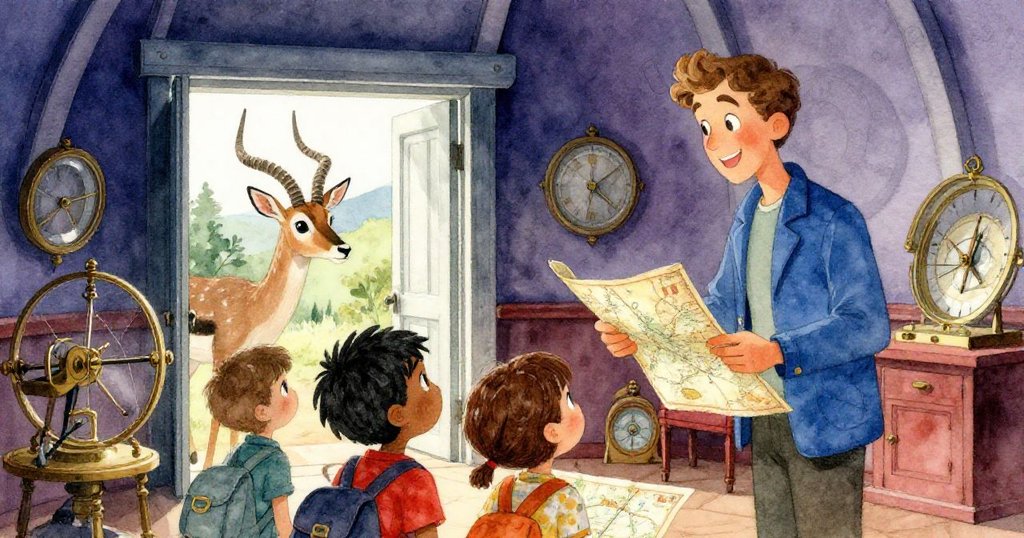 遊客與Tour Guide 在小觀測室內仔細研究古儀器，Antelope 從門外好奇窺望，室內光影柔和展現探索情感。