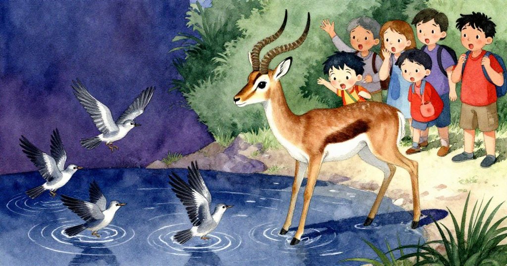 Antelope 小心踏入陰影淺池，水面泛起細浪驚飛鳥群，遊客集體側目，畫面充滿緊張與驚異情緒。