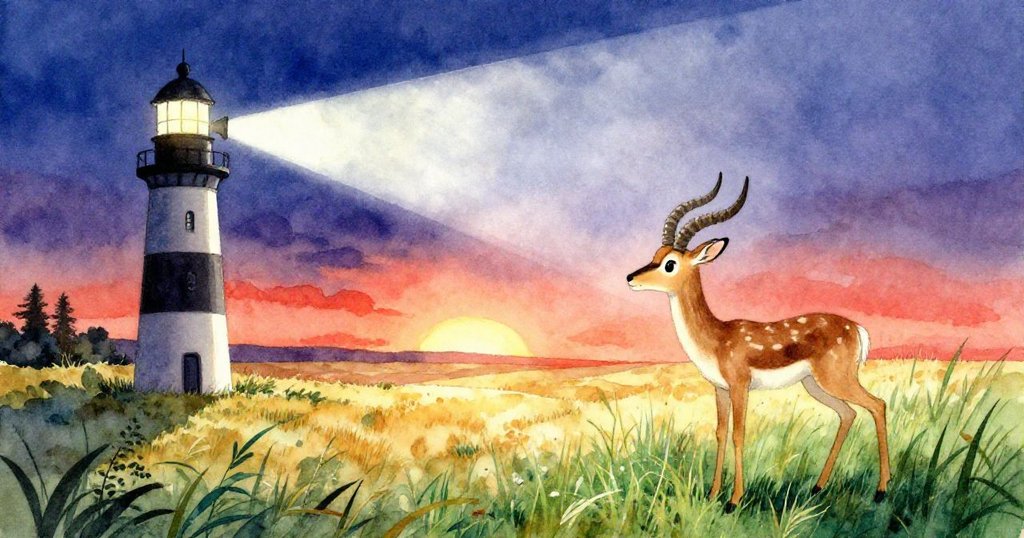 Antelope 於夕陽餘暉中抵達隱秘青草地，低頭啃食長草，遠處燈塔旋轉光束映照夜幕，展現平和結局。