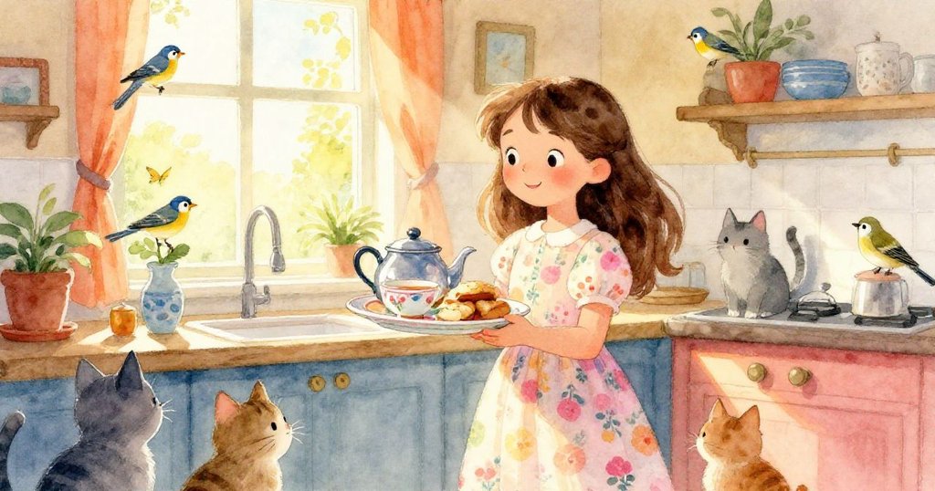 Leah在明亮廚房中提著瓷盤前行，周圍有貓和雀鳥，陽光灑落，充滿活力與期待，場景溫暖生動。