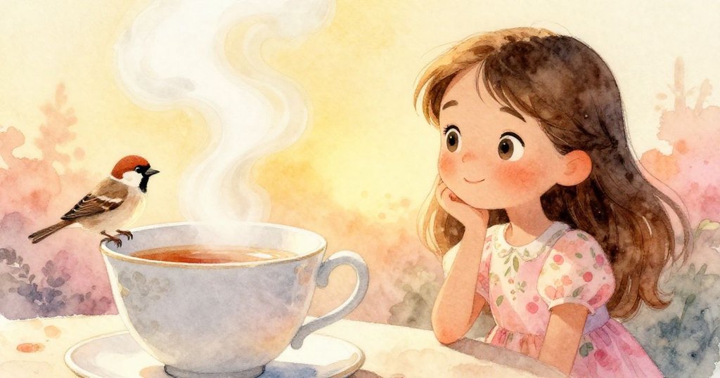 Leah在花園中凝視茶杯蒸汽化為詩意圖案，小鳥枝頭靜坐，氛圍溫柔，象徵心境平靜與美好結局。