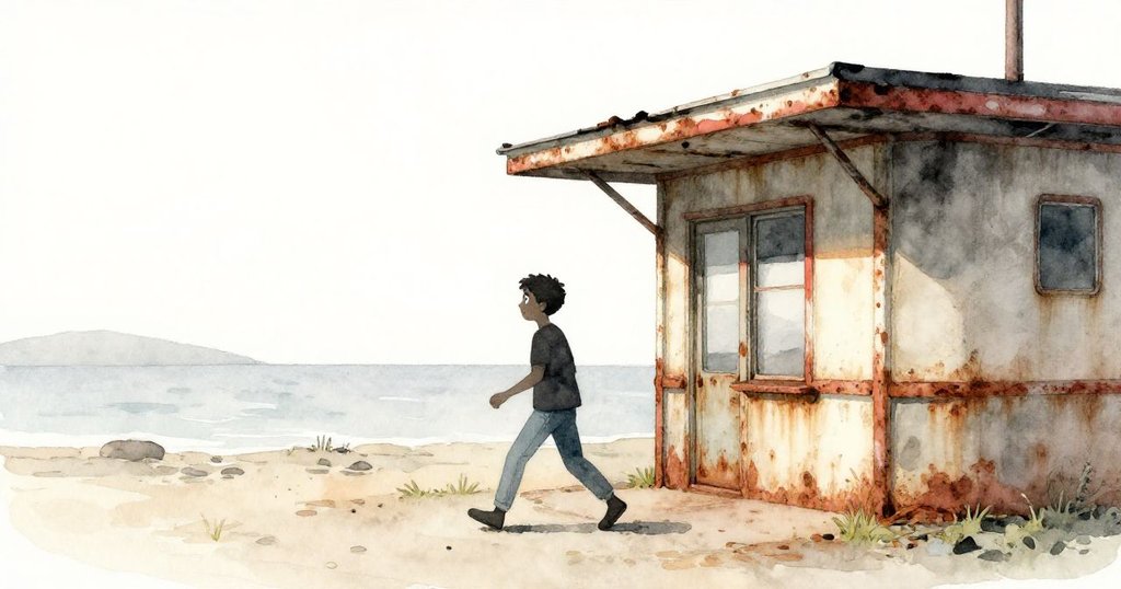 Camilo 迎著初升朝陽走入荒涼老車站，環境斑駁生銹，神情充滿期待與好奇，展開冒險之旅。