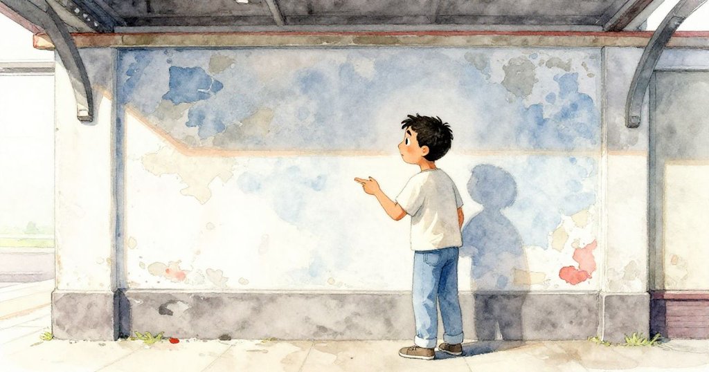 Camilo 仔細看著牆上褪色藍壁畫，觸摸斑駁牆面感受歷史痕跡，神情專注流露好奇與敬畏。