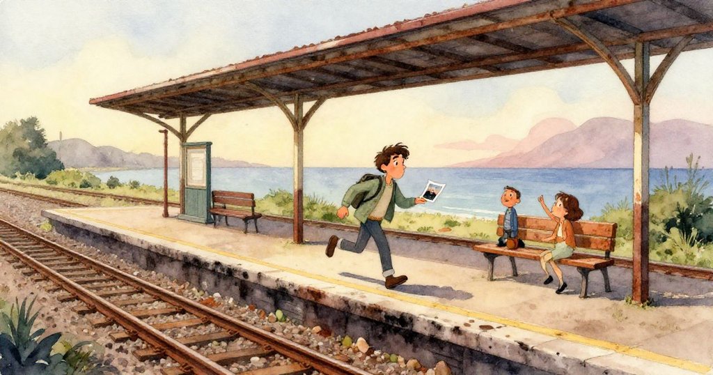 Camilo 眼中映出向日葵形鐵雕於晨光中閃耀，老票窗與微啟服務門透露歷史故事，視角充滿詩意。