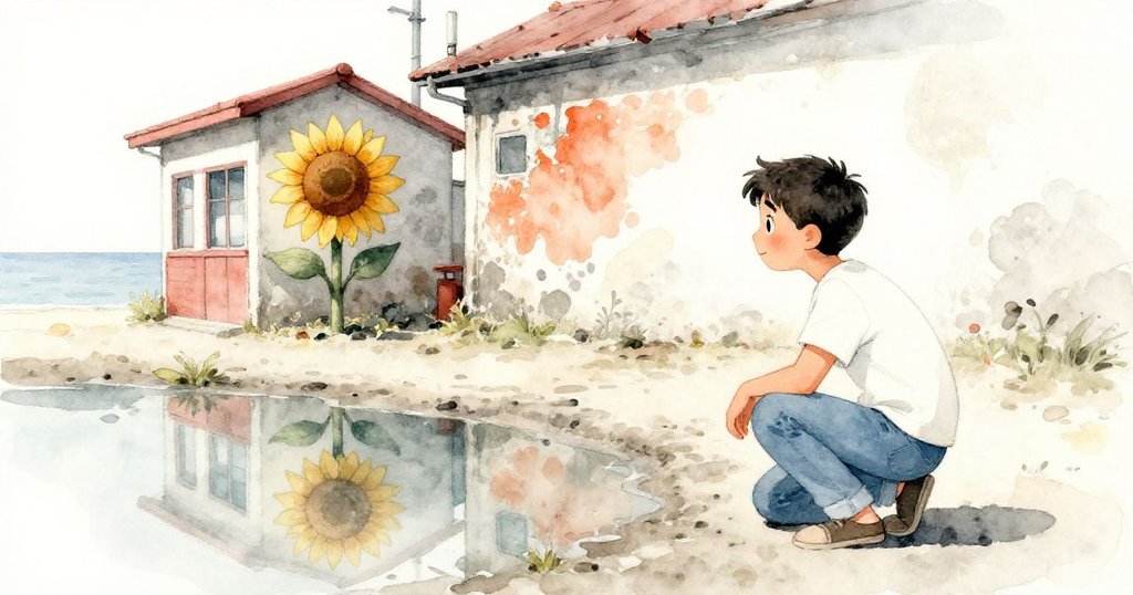 Camilo 膝跪在雨後濕潤水坑前，觀察向日葵雕與壁畫倒映成夢幻圖景，神態專注充滿靈感。