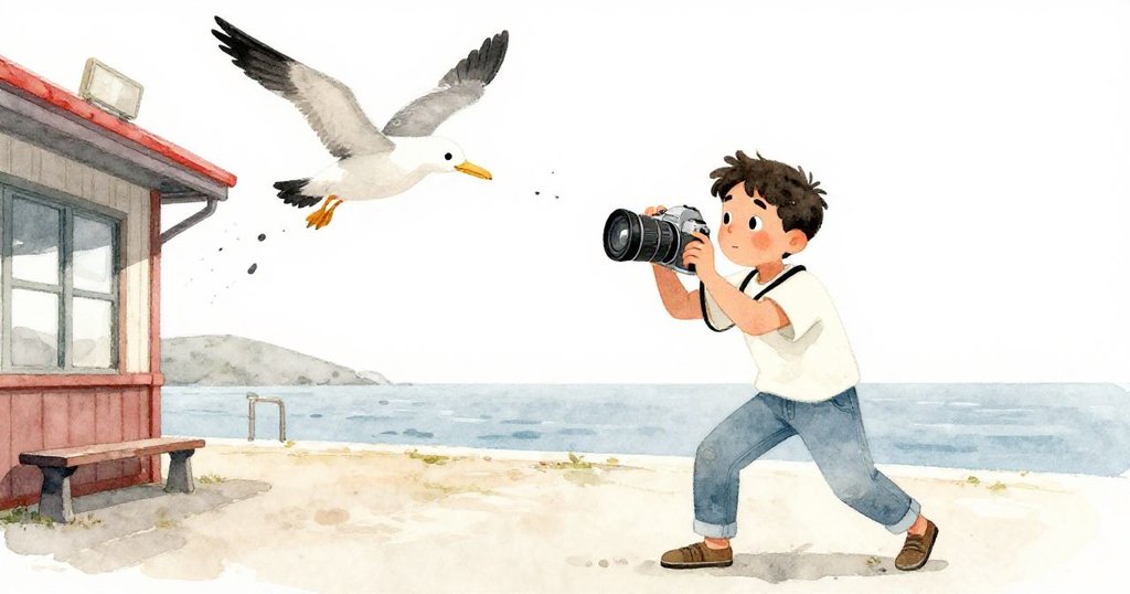 Camilo 快速拍打相機解封卡結，海鳥驟掠散羽毛，現場緊湊動感充滿急切與活力。