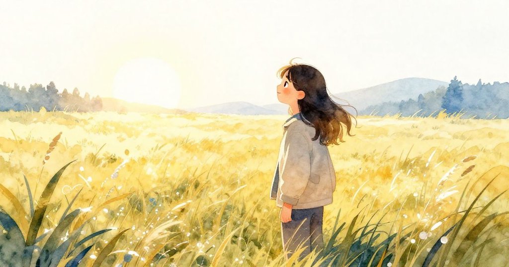 米拉在晨曦中走在草原邊緣，剪影映襯著金色陽光，草地上滿是晶亮露珠，表情充滿期待。