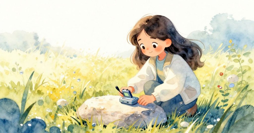 米拉在草原中小心將錄音器放在溫暖石頭上，她動作輕柔而專注，背景是晨光中閃爍露珠與碧綠草地。