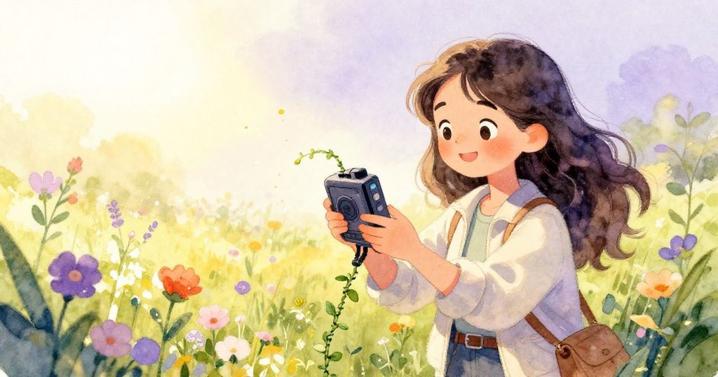 米拉走入滿佈花朵的草叢，花粉在陽光下起舞，一條扭結的藤蔓緊抓錄音器，她神情溫柔而謹慎。