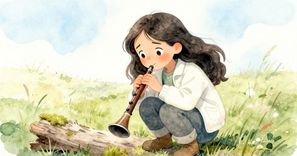 米拉蹲在布滿苔蘚的木頭上，臉上流露疑惑與決心，她用夾克遮住錄音器，遠處鳥鳴傳來希望，氛圍寧靜。