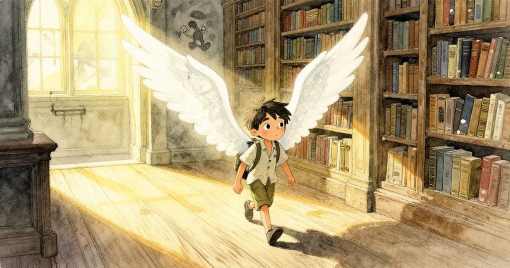Felix 踏入古老校園圖書館入口，光線斜射在彎曲地板上，臉上流露出好奇與期待，開始冒險旅程
