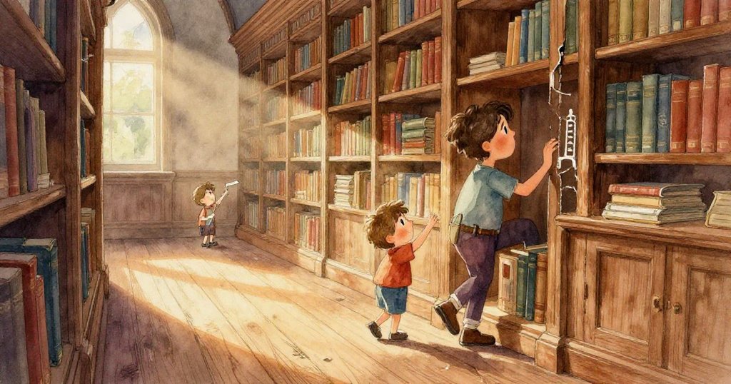 Felix 用舊木掃把撬開被油漆封住的銅門把，手部特寫呈現細節，表情集中與專注，探索氣氛濃厚