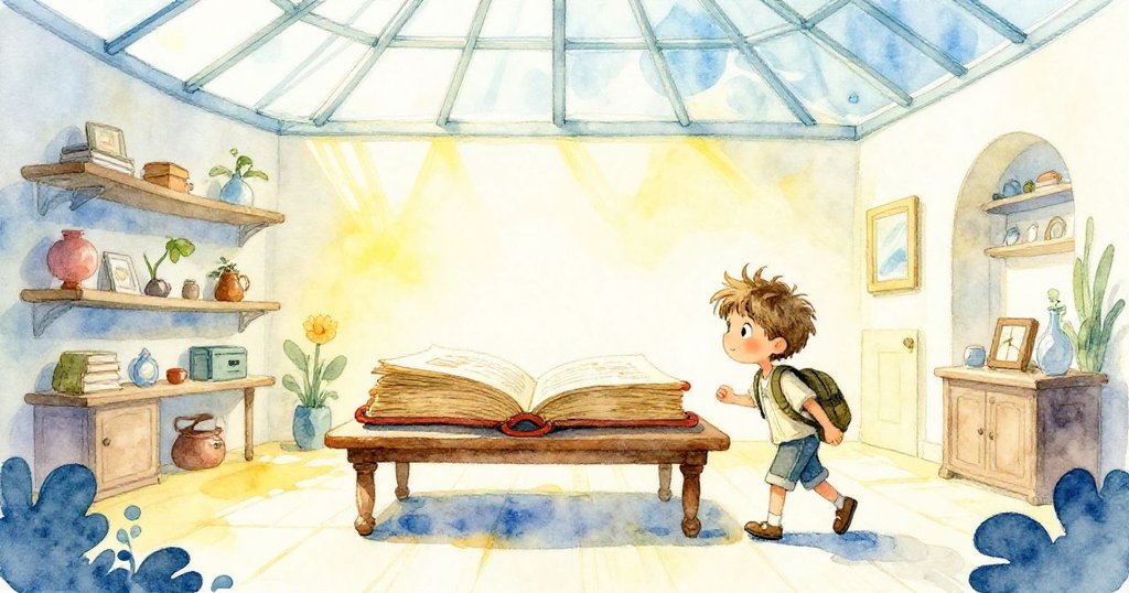 Felix 踏入充滿日光的神秘房間，玻璃屋頂透出明亮光線，書架上擺著古老書籍，心情既興奮又好奇