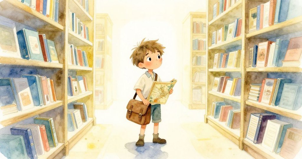 Felix 在陽光灑滿的書架間輕放地圖，臉上流露成就與平靜，經歷挑戰後心境平和，悄然迎向新篇章