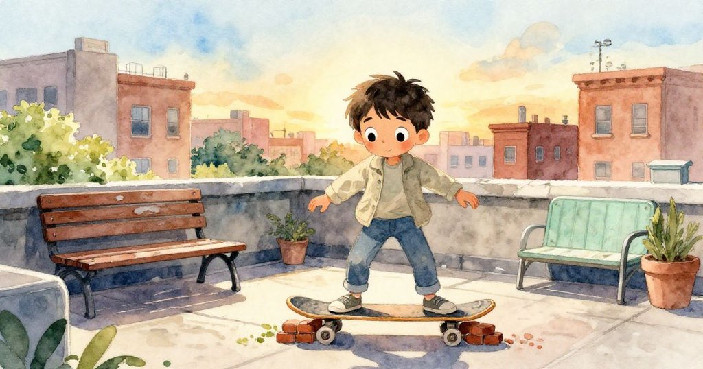 Milo在屋頂露台上平衡木板與磚塊，夕陽餘暉映照下，神情專注，背景顯示繁忙都市街景。