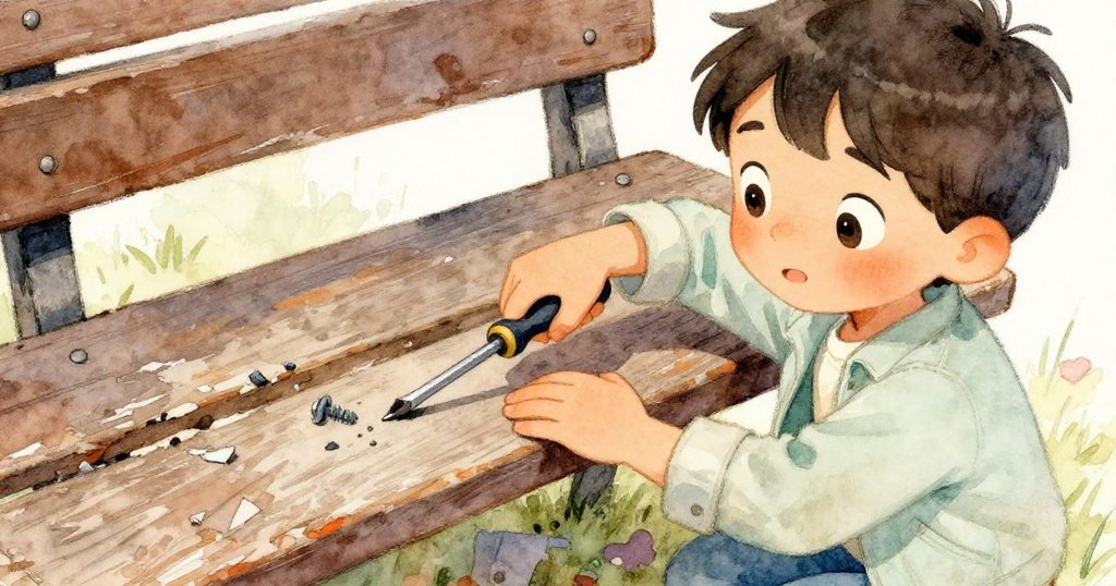 Milo細心使用螺絲刀修復老舊板凳，手上留有金屬粉末，展現木紋與歲月痕跡。