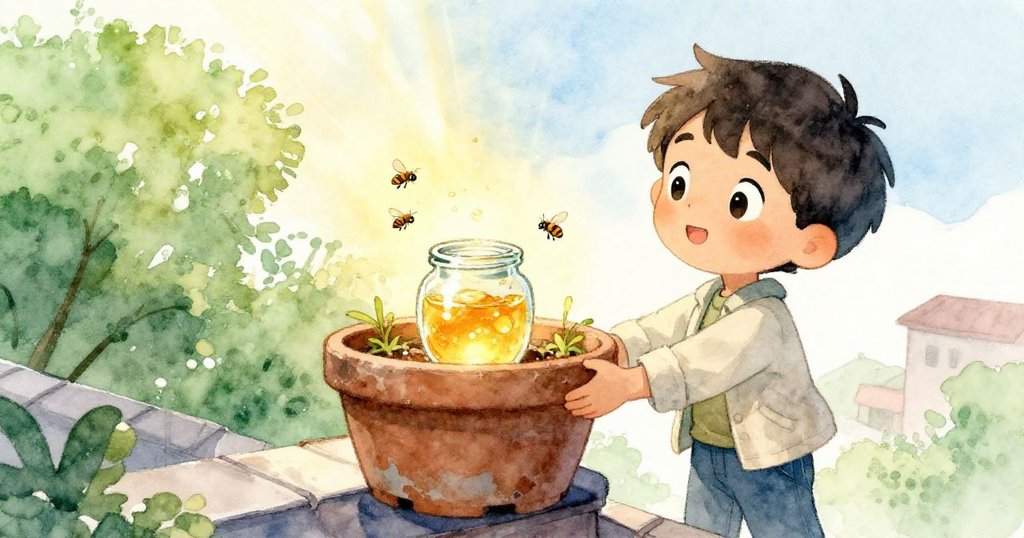 Milo舉起老花盆發現滾落玻璃瓶和金色花蜜，蜜蜂在溫暖光線中輕飛，展現都市與自然交融。