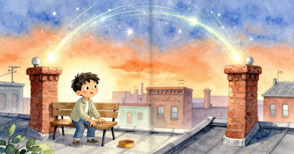Milo一邊修補板凳一邊幻想流星雨，現實與夢境交織於屋頂上，營造出溫暖與夢幻並存的畫面。