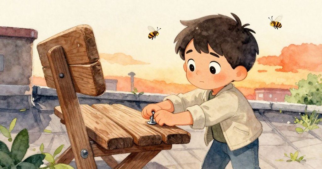 Milo專注締上最後一顆螺絲，板凳微微晃動，蜜蜂繞飛，完工瞬間充滿堅定與希望。