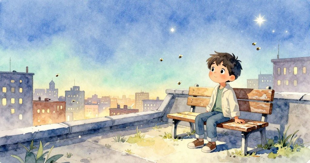 Milo坐在修好的板凳上安詳仰望初現星光，都市與自然交融，夜幕柔和，充滿平靜與滿足。