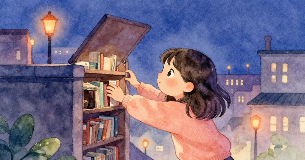 在夜晚的圖書館屋頂上,瑪拉推開閘門,充滿期待地向外探查,背景中街燈和城市遠景交織出神秘夜色。