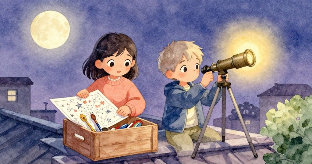 瑪拉與費利克斯在圖書館屋頂上忙碌地佈置觀星工具,擺放折疊椅、星圖、望遠鏡與紅色手電筒,充滿團隊合作與期待。