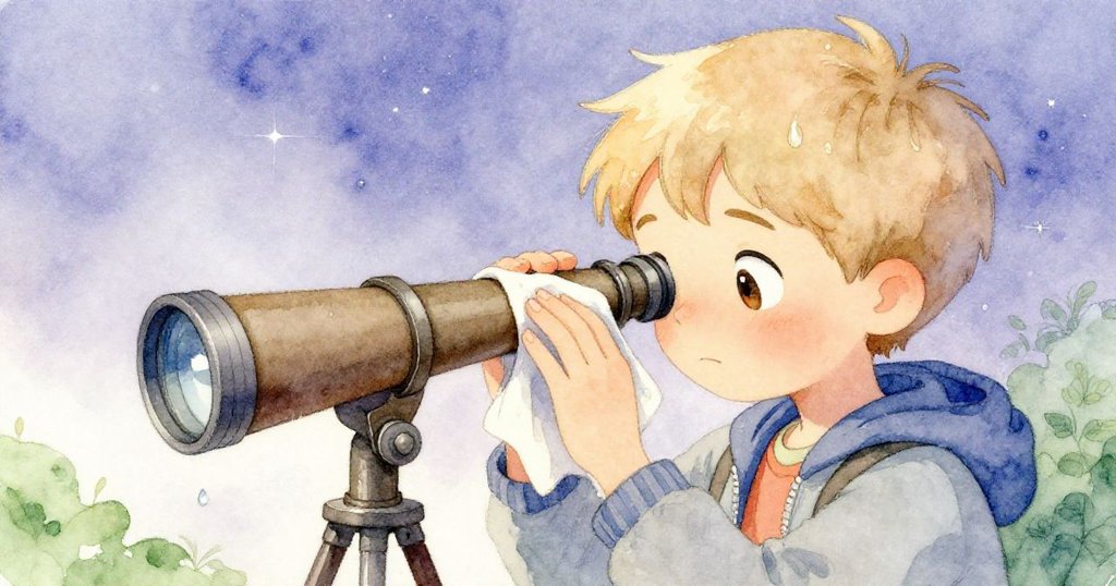 費利克斯專注地使用沾有絮毛的軟布擦拭望遠鏡鏡面,近距離呈現他專注與細膩的動作,背景星空朦朧。