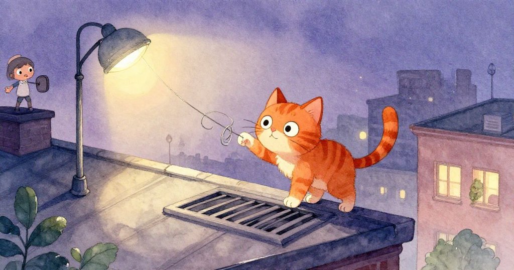 一隻活潑的姜色小貓在圖書館屋頂的通風口附近玩耍,輕輕觸碰鬆動電線使安全燈熄滅,瑪拉低語感激,畫面充滿驚喜。