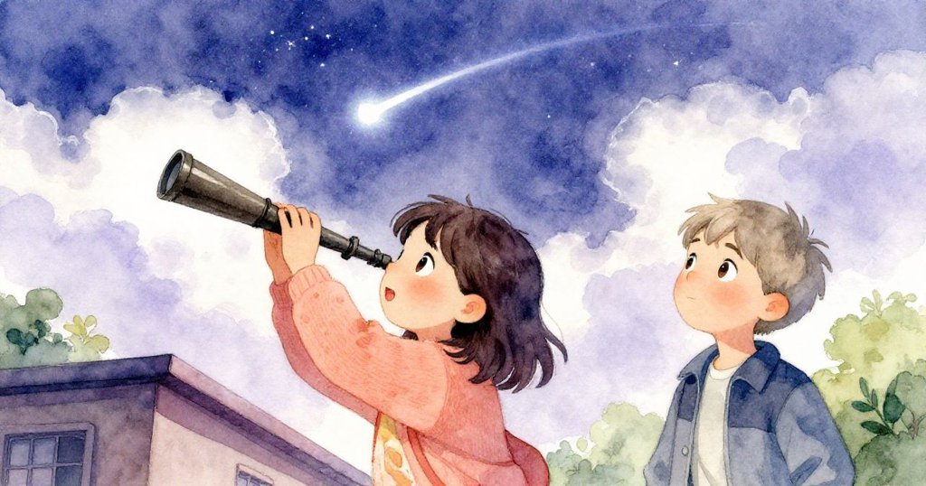 費利克斯調整望遠鏡,瑪拉抬頭目光驚奇注視隱現於雲隙中的彗星,月光與星光交織出一刻充滿期待的震撼景象。