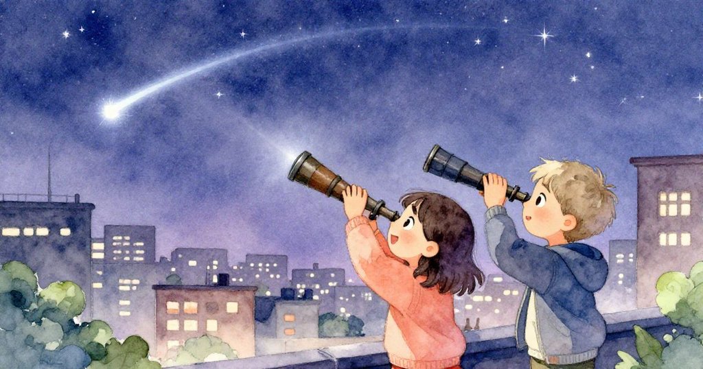 在清晰星光下,瑪拉與費利克斯站在圖書館屋頂上,透過望遠鏡欣賞閃爍彗星,臉上洋溢著成功與喜悅,背景呈現寧靜夜空與城市輪廓。