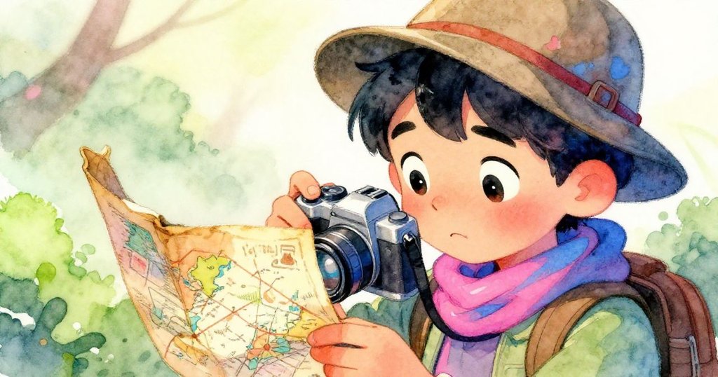 Leo專注地調整相機並檢查摺疊地圖，臉上流露出決心與緊張情緒，背景呈現晨光柔和氛圍。