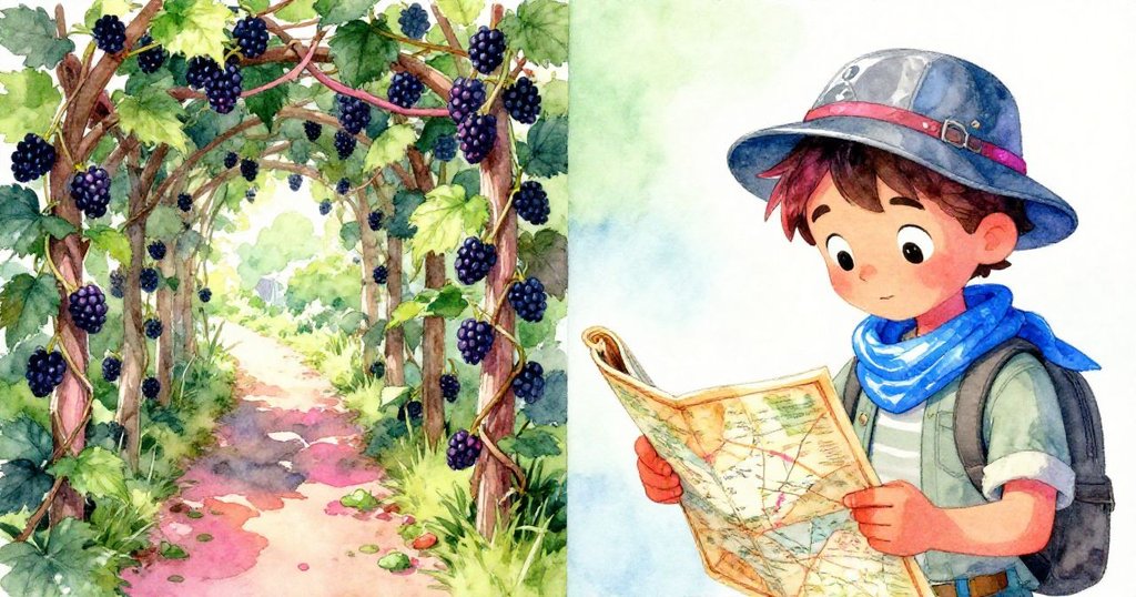 畫面左邊顯示黑莓藤纏繞狹徑刺傷Leo，右邊呈現他低頭研讀地圖，展現尋找珍稀蘭花的堅毅決心。