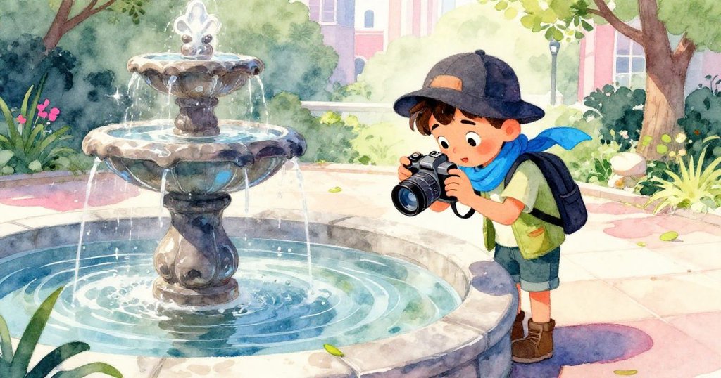 從高處俯視植物園，Leo在噴泉旁檢查相機，背景流水與石頭呈現晨曦斑駁光影，神情堅定。