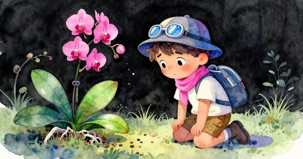 Leo在枯萎的蘭花床前蹲下，神情失望與掙扎，散落種子和老編號花圃傳達環境急變情緒。