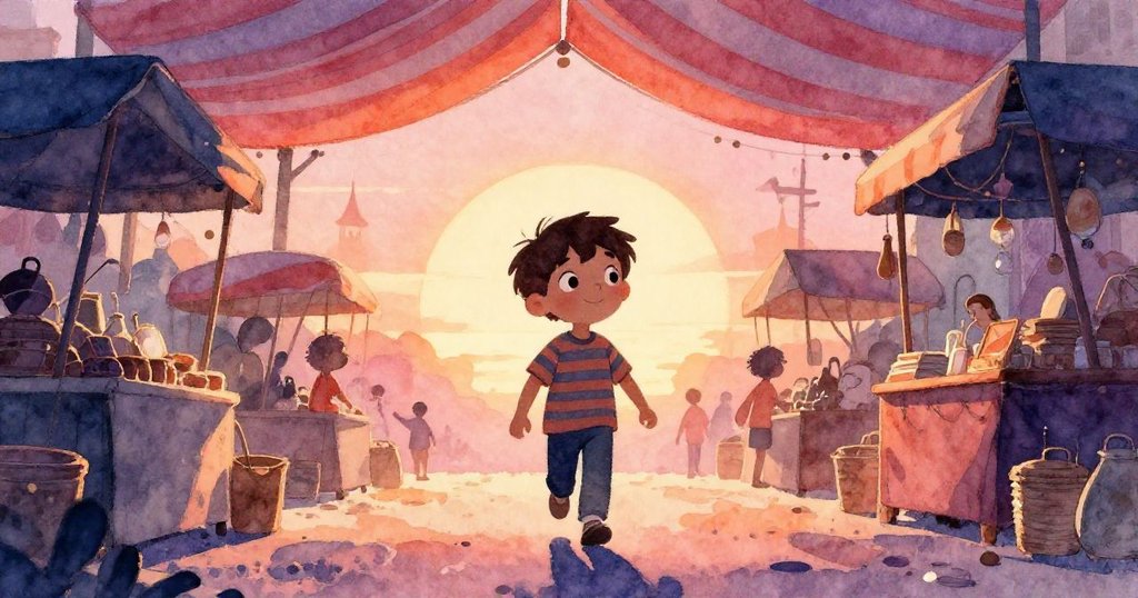 米洛在斑彩天幕下步入熱鬧市集，身影映照夕陽光暈，表情充滿好奇與期待。