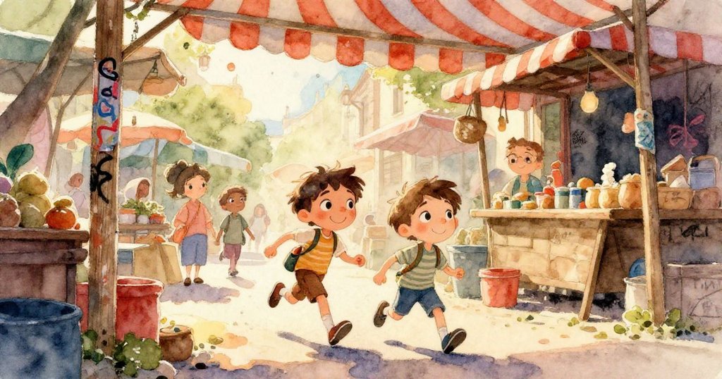 米洛手持破舊木鯨，細看斑駁漆面與飄浮灰塵，展現市場角落的神秘魅力。