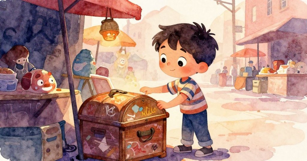 米洛以斜角視角檢查遺忘玩具箱，背景中褪色塗鴉與老舊標記講述著時間故事。