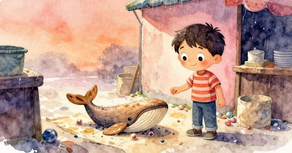 米洛在雨後濕潤的市場角落發現木鯨，濕布與剝落石子透露著季節記憶，表情謹慎好奇。