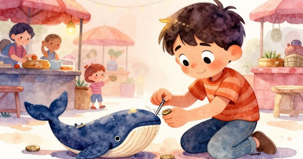 米洛蹲下用彎釘和硬幣修復木鯨，專注神情與靈巧動作展現解決難題的決心。