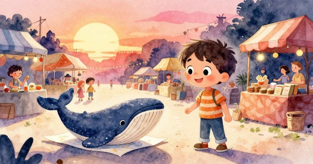 米洛滿臉自豪微笑，修好的木鯨順著畫布滑行，市場熙攘中隱藏著新冒險的期許。