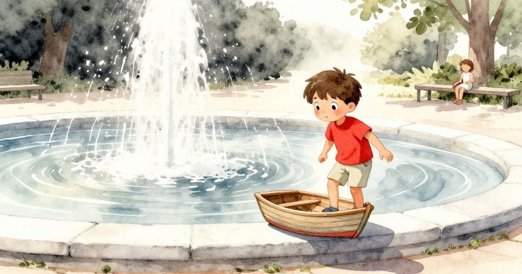 Theo 正在公園噴水池石邊平衡著一艘彩繪木船,背景為陽光普照的戶外公園,神情專注且充滿期待。