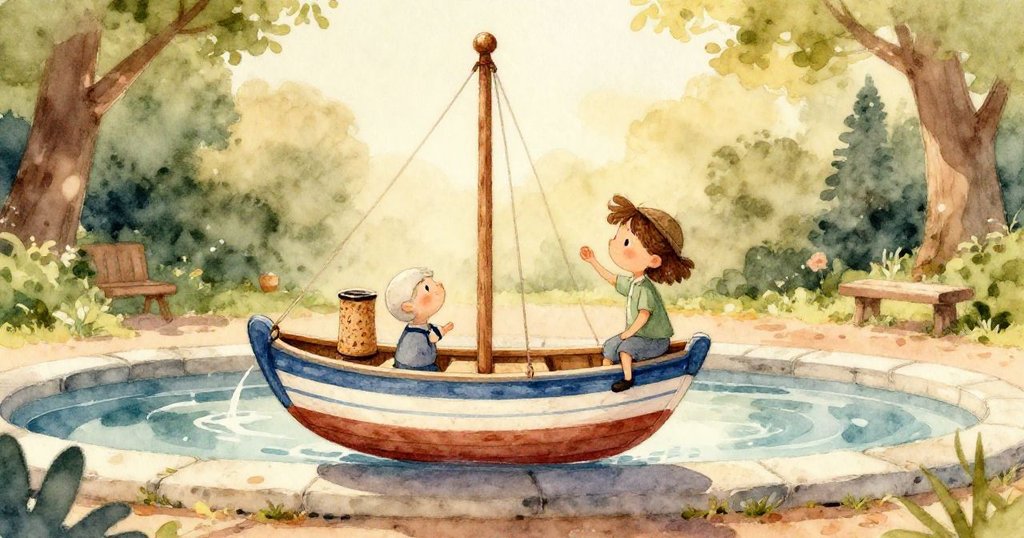 特寫呈現彩繪木船及木製船長,色彩鮮明細節豐富,映襯在石面上,傳達精心製作的童趣。