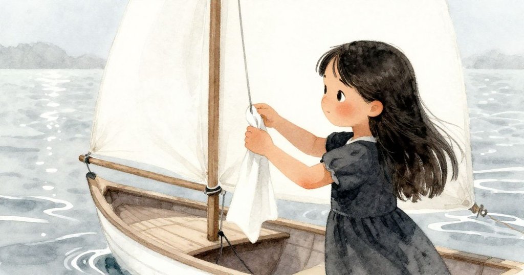 Mira 輕鬆將白布固定在船桅上,小船滑過閃閃波光的水面,其倒影如同第二隻船,展現童真與巧思。