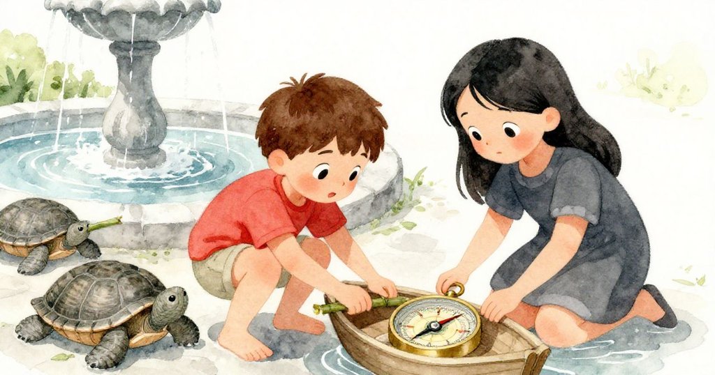 Theo 蹲在三隻石龜旁邊用竹棍導航,小船與Mira在一旁放置銅製指南針,兩人齊心協力展現冒險樂趣。