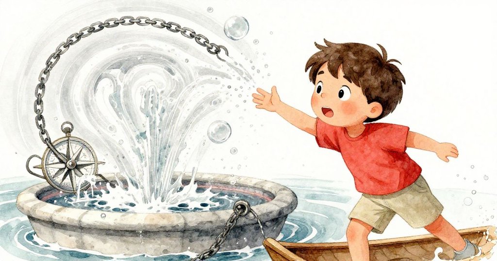 在強風和水波中,泡泡旋轉,船繩勾住指南針鏈,Theo 臉上驚奇神情展現拼盡全力解困的緊張瞬間。