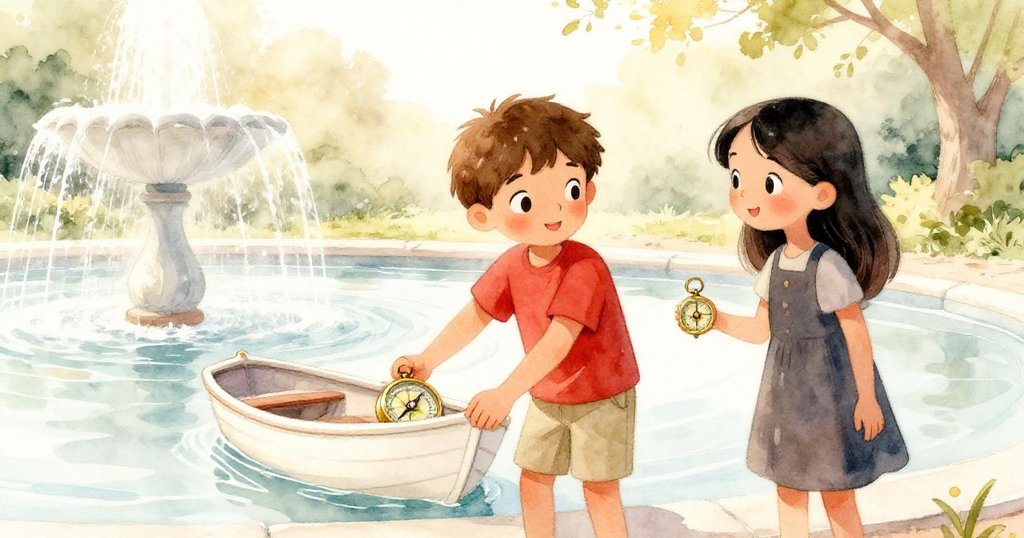 Theo 輕輕攜著小船靠在石邊,Mira 微笑著拿起閃亮的指南針,陽光灑落,水珠閃爍,營造平和成功的溫馨結局。